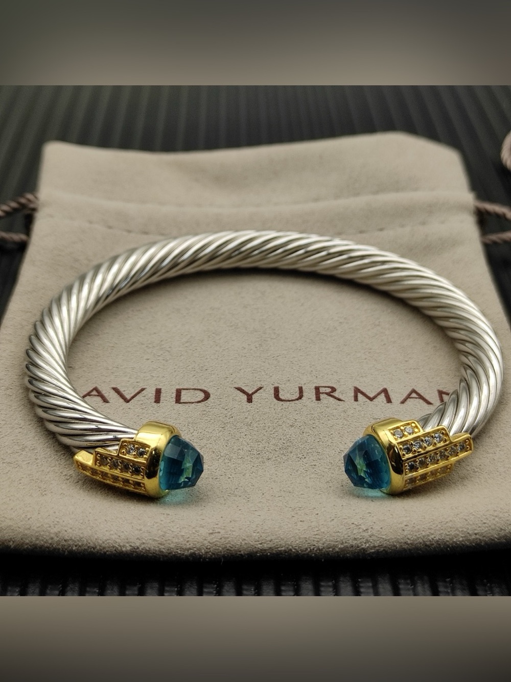 David Yurman Silver Twisted Cable Bracelet with Blue Gemstone and Gold Accents